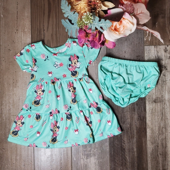 Disney Baby Minnie Mouse 2Pc Matching Mint Green Tiered Dress Set Size 3M NWOT - Picture 2 of 16